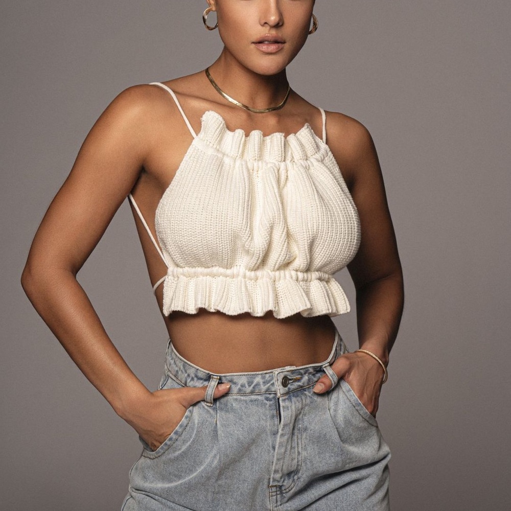 JLUXLABEL Ivory Alessi Knit Tube Top with Tie Back S